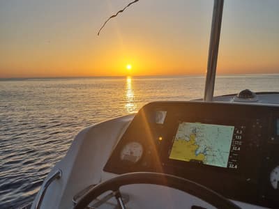Cockpit of Sea Wolf, a Lagoon 42 catamaran at Olbia, Italy