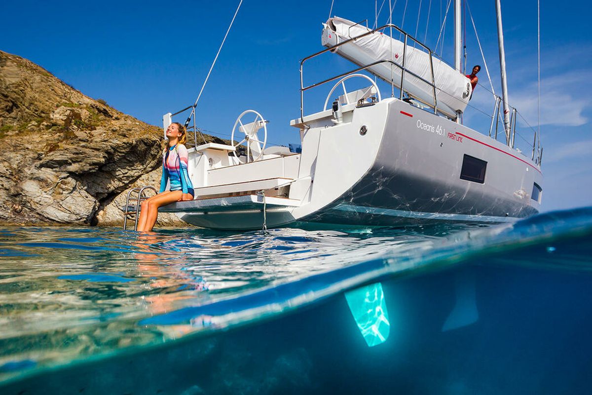 Exterior view of Naima, a Beneteau Oceanis 46.1 First Line sailboat at Athens, Greece