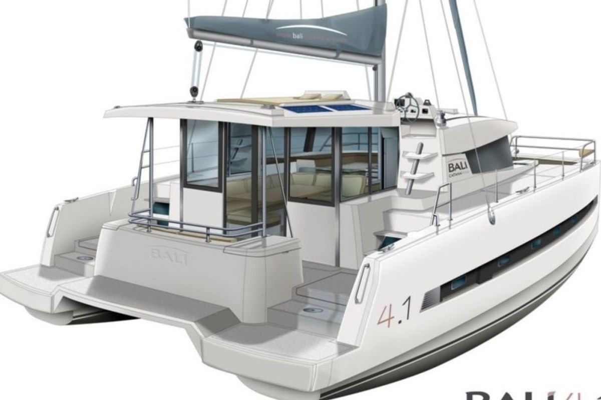 Exterior view of Shiloh, a Bali 4.1 catamaran at Kotor, Montenegro