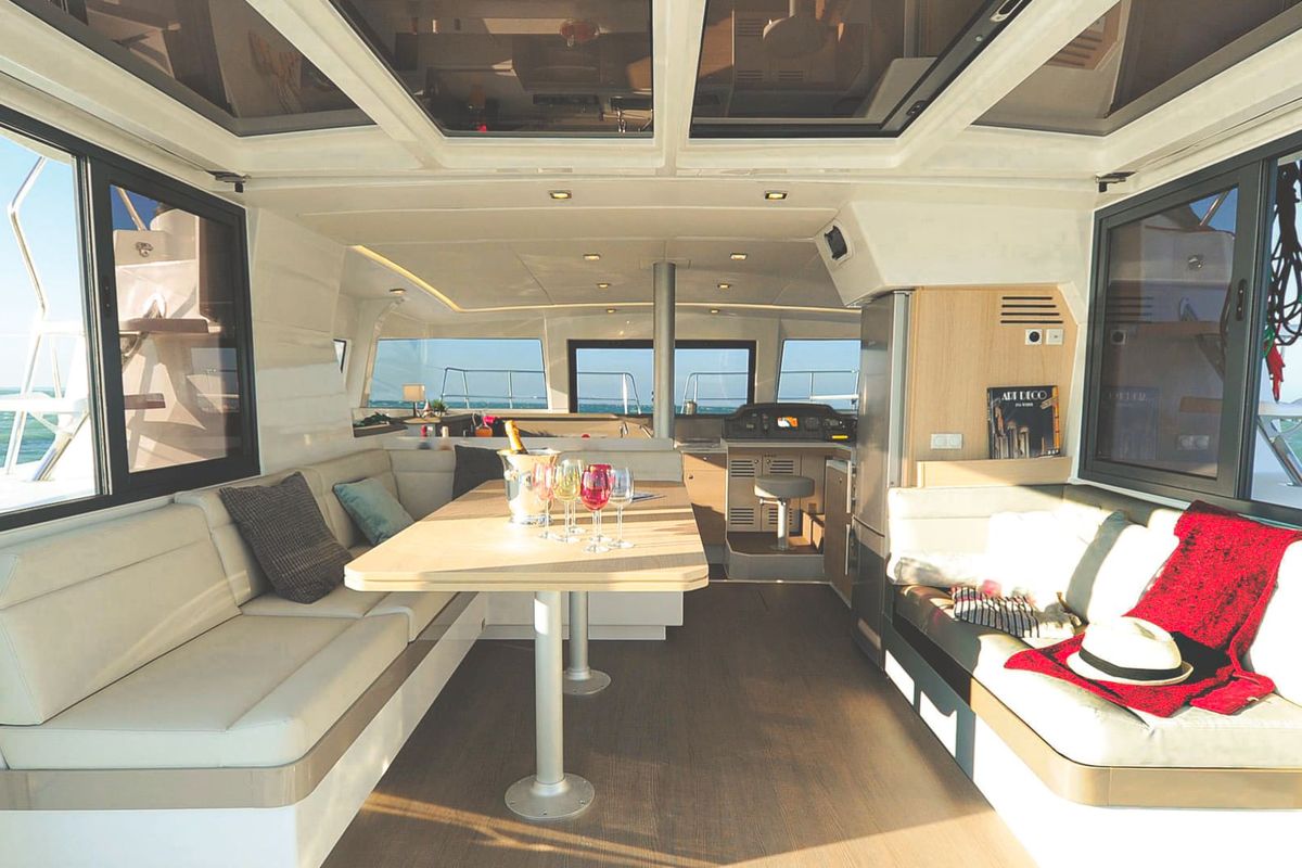 Salon of Shiloh, a Bali 4.1 catamaran at Kotor, Montenegro