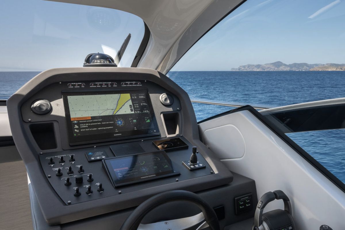 Cockpit of Polar, a Pershing 50 motorboat at Palma de Mallorca, Spain