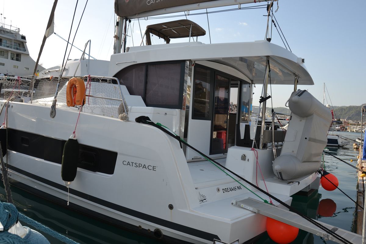 Exterior view of Dreams NK, a Bali Catspace catamaran at Marmaris, Turkey