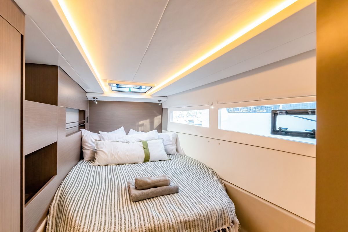 Cabin on Tibouren, a Leopard 45 catamaran at Toulon, France