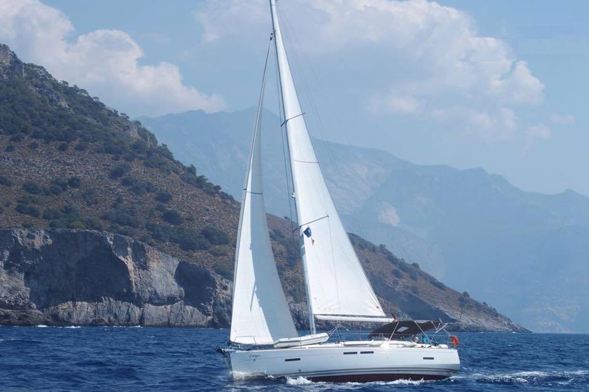 Exterior view of Pangea, a Jeanneau Sun Odyssey 409 sailboat at Fethiye, Turkey