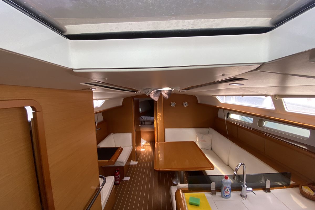 Salon of Pangea, a Jeanneau Sun Odyssey 409 sailboat at Fethiye, Turkey