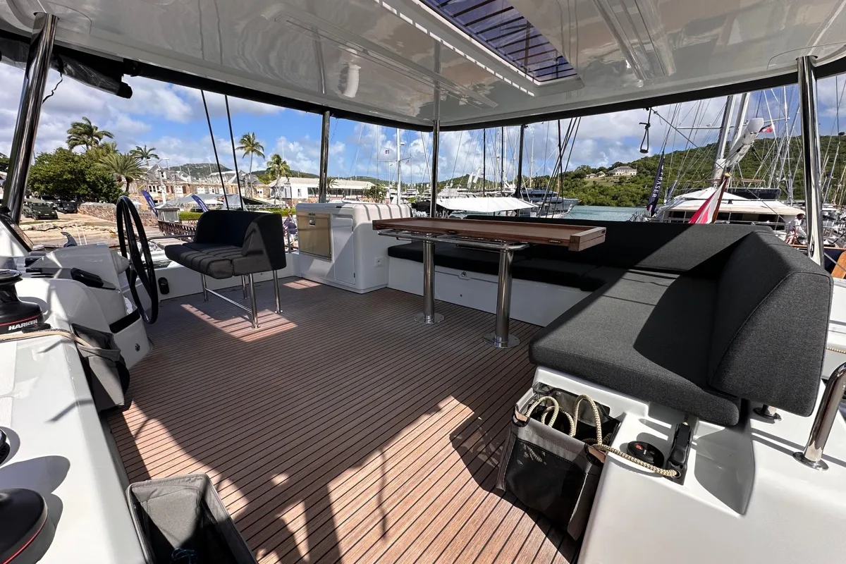Cockpit of Maui, a Lagoon 55 catamaran at Grand Anse, Grenada