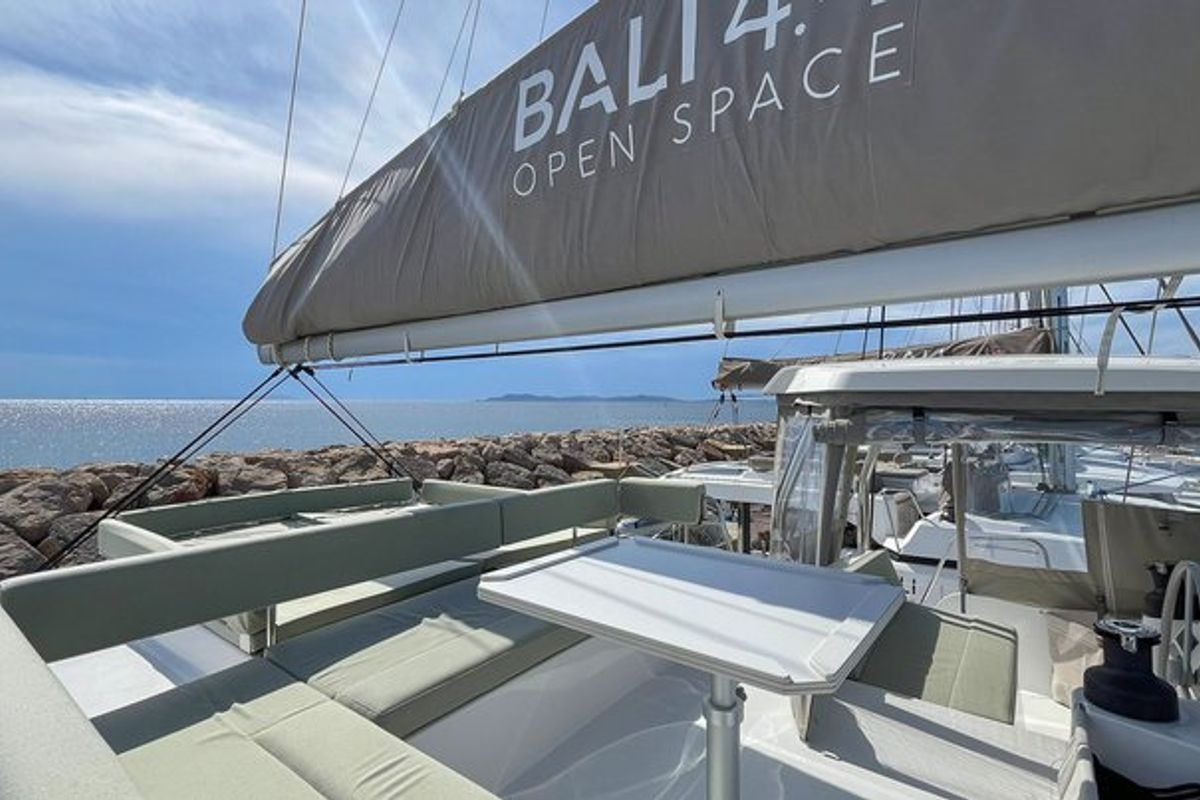 Deck of Obiwan, a Bali 4.4 catamaran at Hyères, France