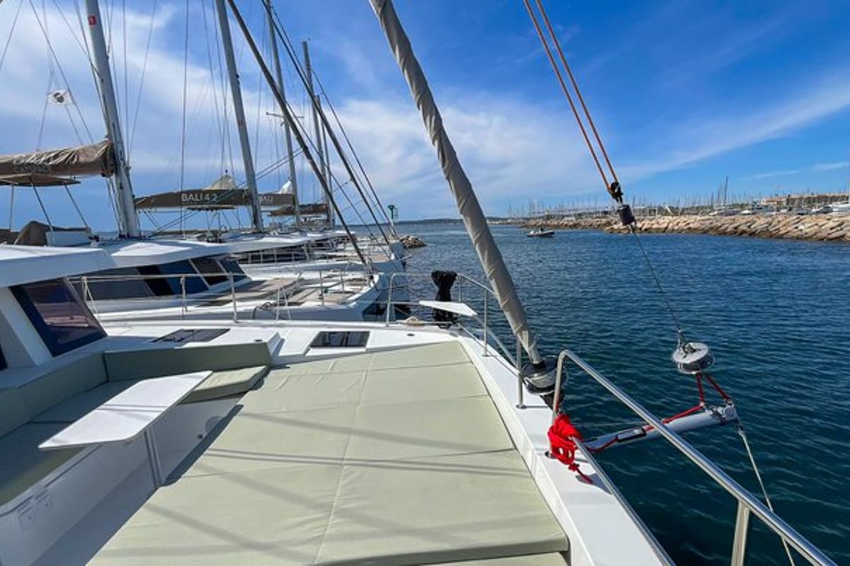Deck of Obiwan, a Bali 4.4 catamaran at Hyères, France