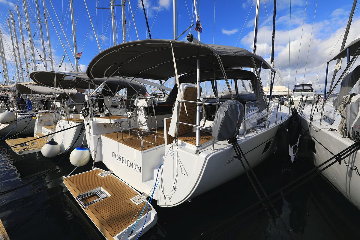 Exterior view of Poseidon, a Hanse Yachts Hanse 508 sailboat at Grad Biograd na Moru, Croatia