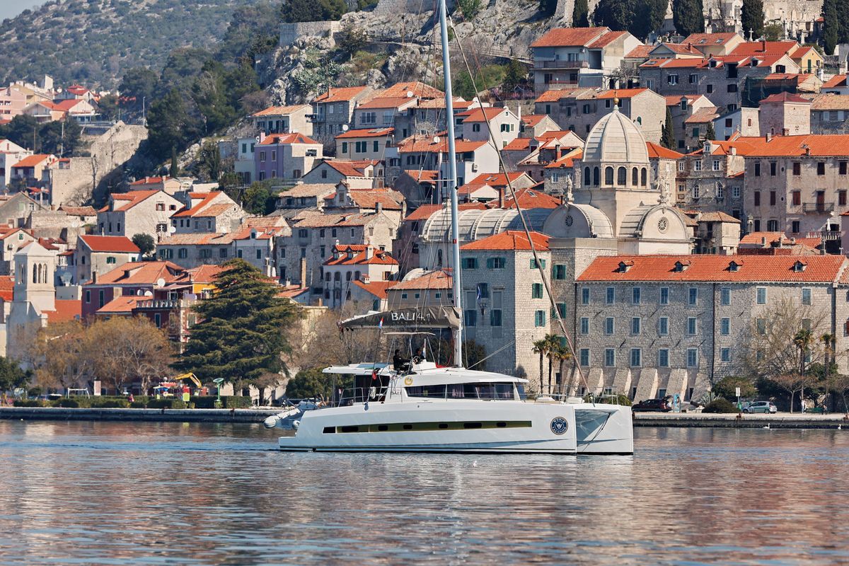 Exterior view of Sourire, a Bali 4.1 catamaran at Grad Šibenik, Croatia