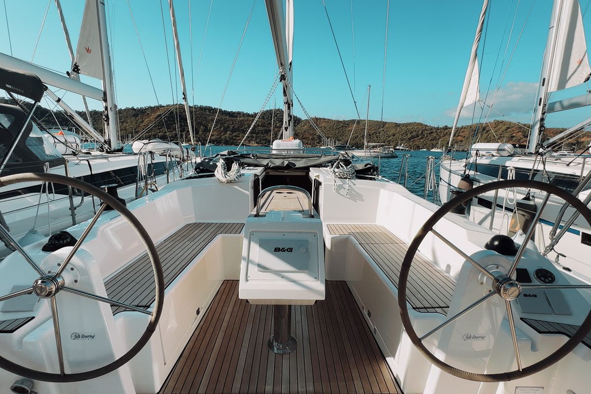 Cockpit of Arinna, a Bavaria C38 sailboat at Fethiye, Turkey