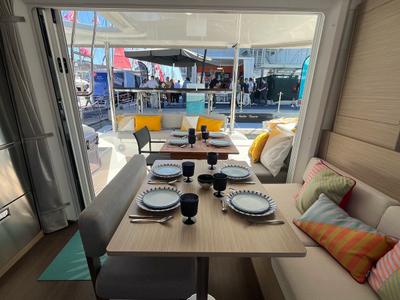 Salon of Why Not 22, a Lagoon 38 catamaran at Municipal Unit of Lefkada, Greece