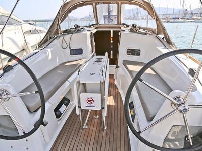 Cockpit of Dynamene, a Jeanneau Sun Odyssey 349 sailboat at Volos Municipality, Greece