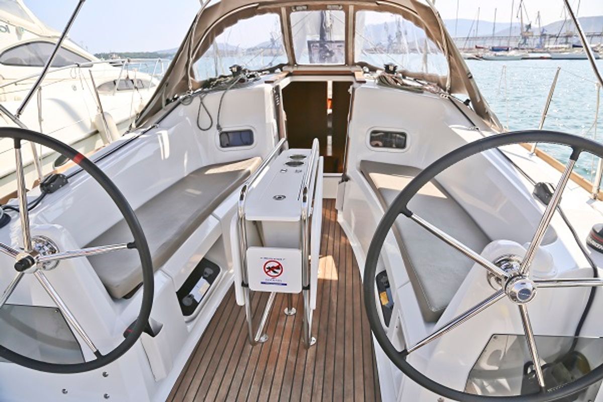 Cockpit of Dynamene, a Jeanneau Sun Odyssey 349 sailboat at Volos Municipality, Greece