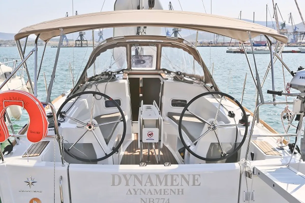 Exterior view of Dynamene, a Jeanneau Sun Odyssey 349 sailboat at Volos Municipality, Greece