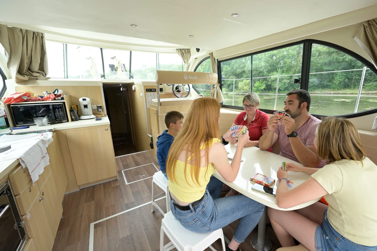 Salon of Premium, a Nicols Octo Fly 12 motorboat at Sablé-sur-Sarthe, France