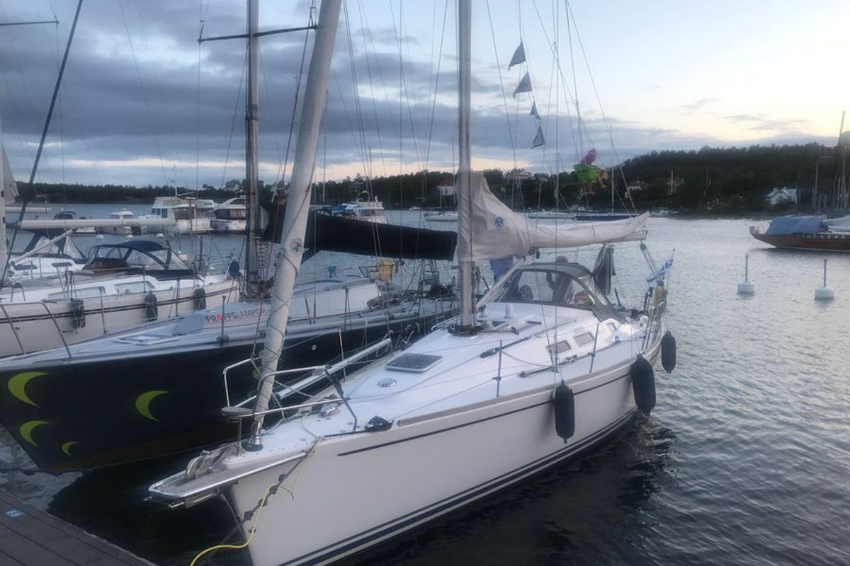 Exterior view of Evita, a Bavaria 46 Cruiser sailboat at Bullandö, Sweden