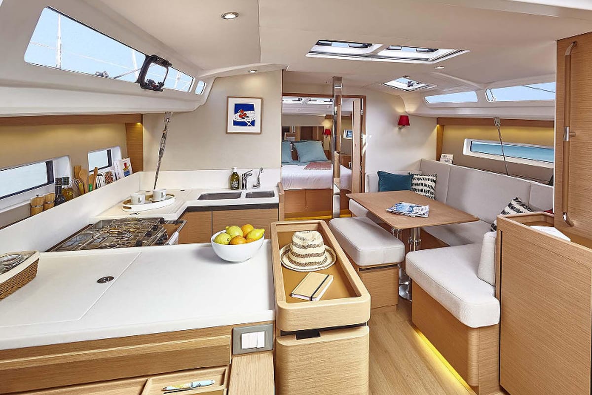 Galley of SO440-19G, a Jeanneau Sun Odyssey 440 sailboat at Athens, Greece