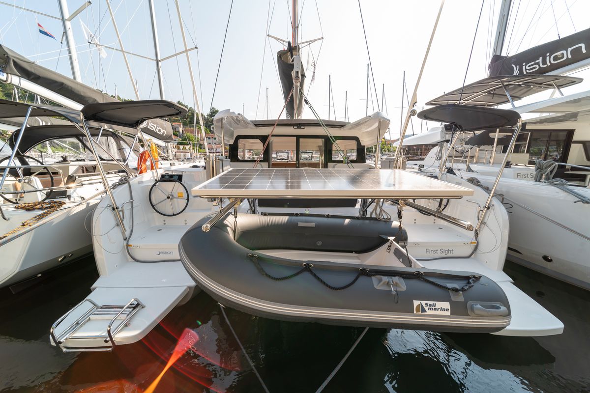 Deck of First Sight, a Excess 11 catamaran at Skradin, Croatia