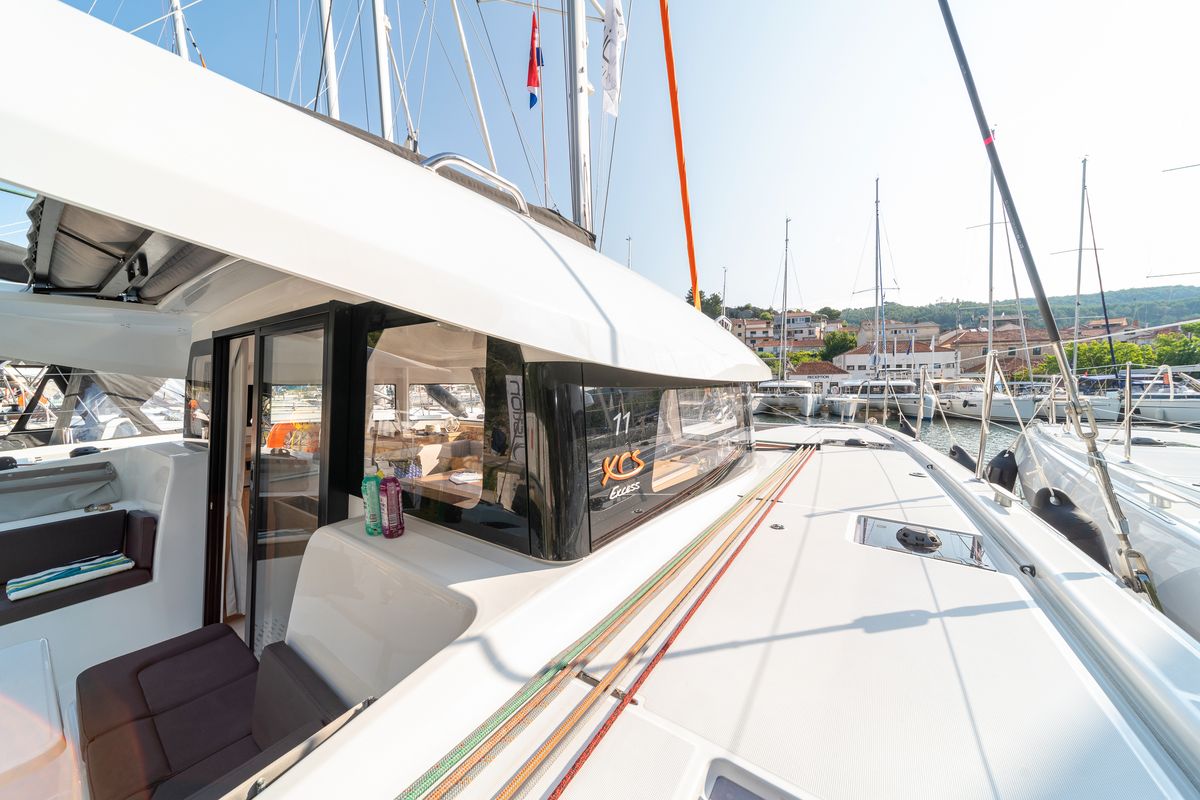 Deck of First Sight, a Excess 11 catamaran at Skradin, Croatia