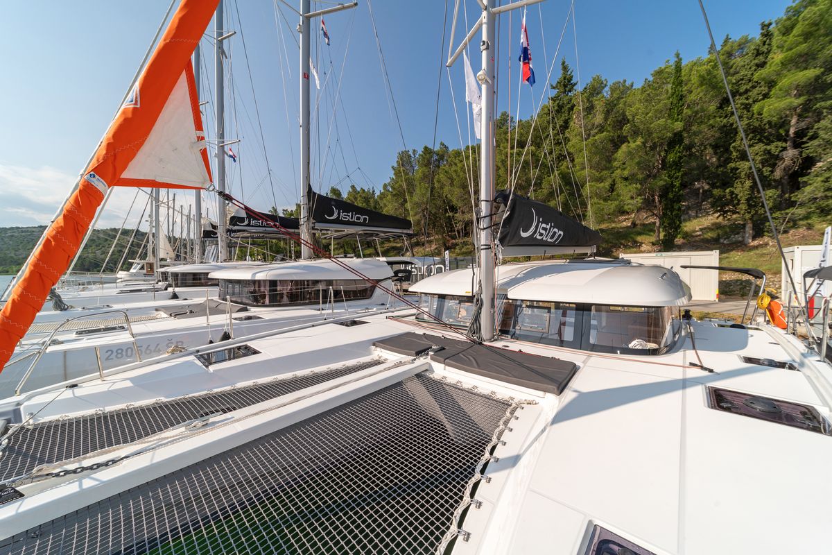 Deck of First Sight, a Excess 11 catamaran at Skradin, Croatia