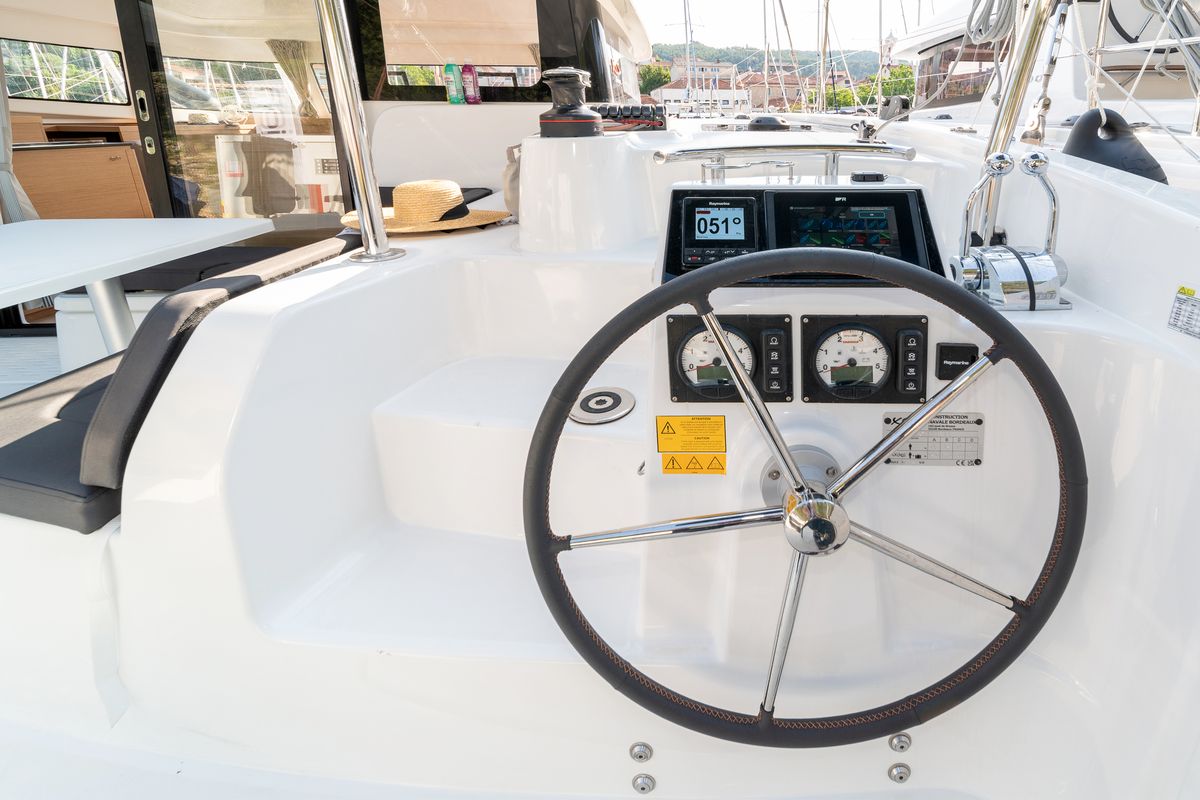 Cockpit of First Sight, a Excess 11 catamaran at Skradin, Croatia