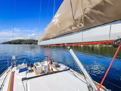 Deck of Agios Georgios, a Jeanneau Sun Odyssey 389 sailboat at Kontokali, Greece