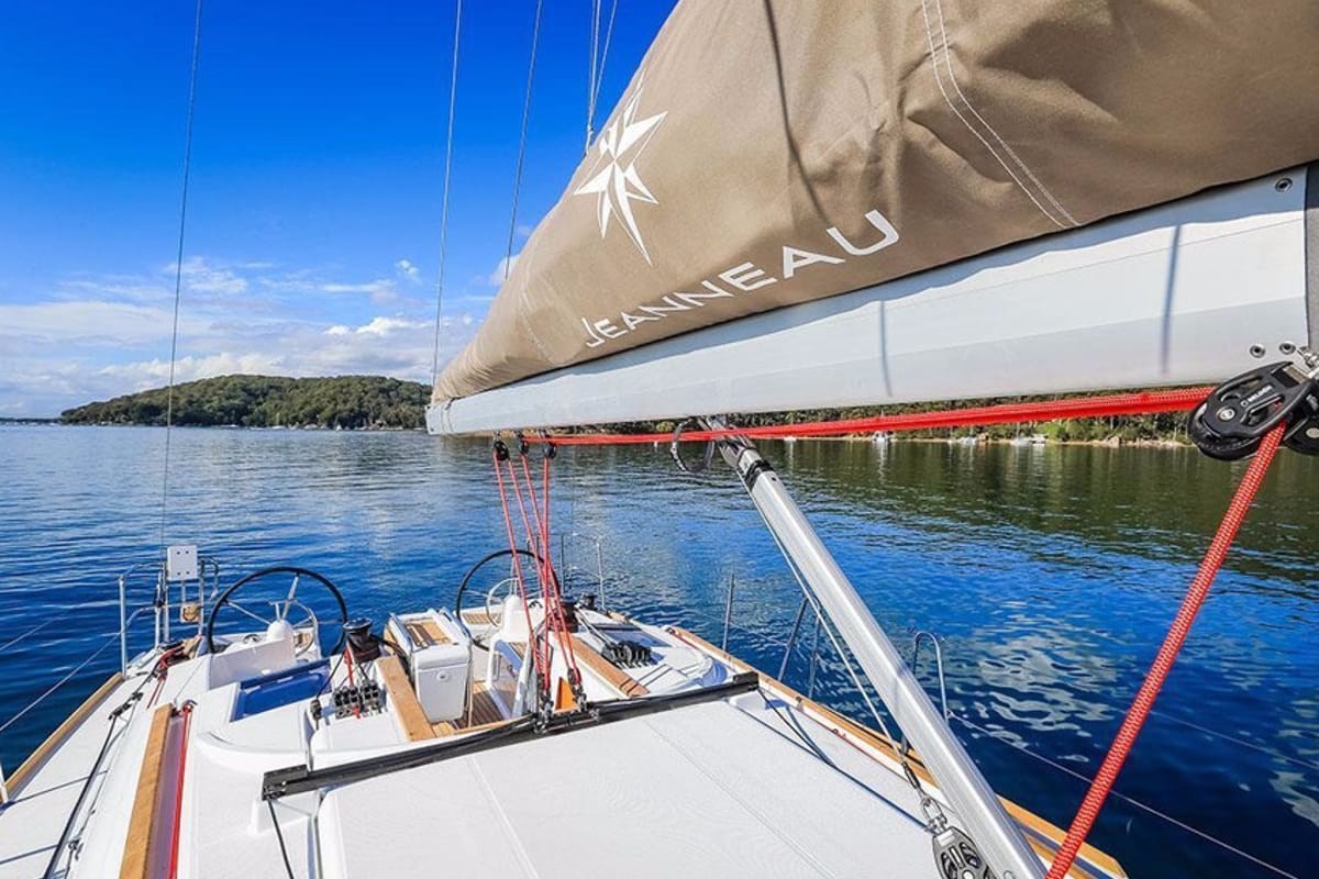 Deck of Agios Georgios, a Jeanneau Sun Odyssey 389 sailboat at Kontokali, Greece