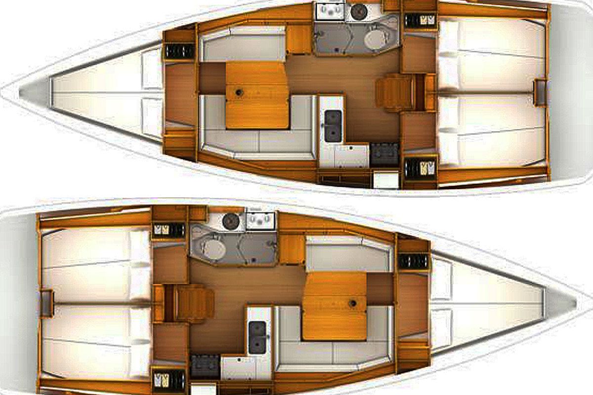 Exterior view of Agios Georgios, a Jeanneau Sun Odyssey 389 sailboat at Kontokali, Greece
