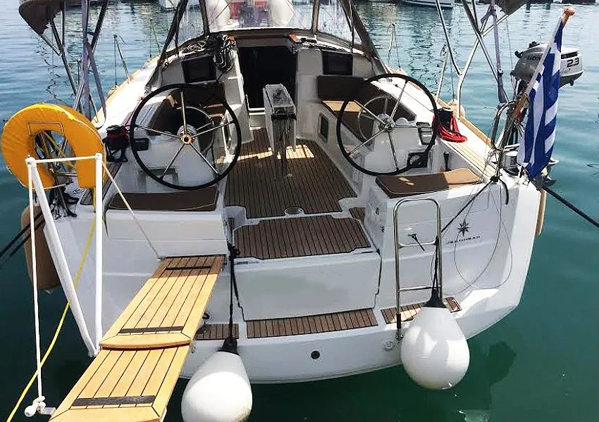 Cockpit of Agios Georgios, a Jeanneau Sun Odyssey 389 sailboat at Kontokali, Greece