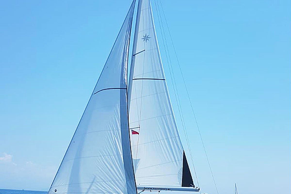 Exterior view of Agios Georgios, a Jeanneau Sun Odyssey 389 sailboat at Kontokali, Greece