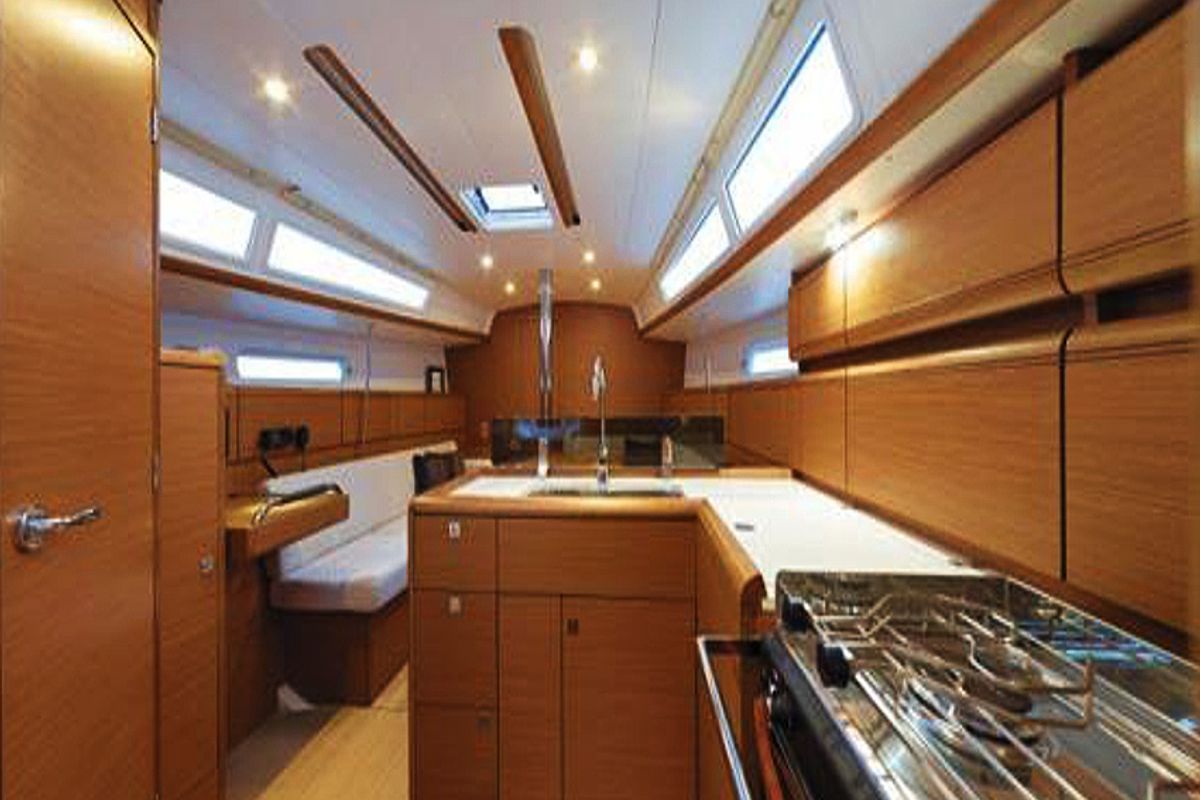 Galley of Agios Georgios, a Jeanneau Sun Odyssey 389 sailboat at Kontokali, Greece