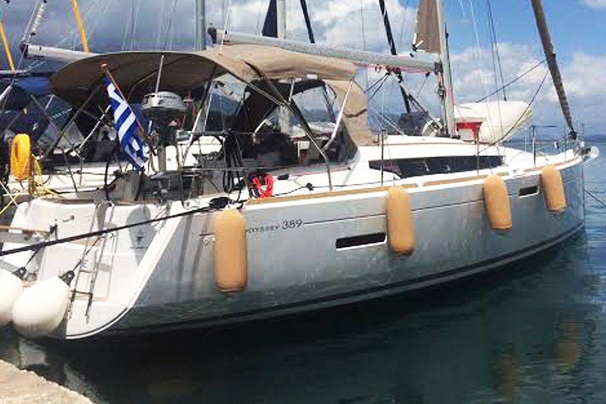 Exterior view of Agios Georgios, a Jeanneau Sun Odyssey 389 sailboat at Kontokali, Greece