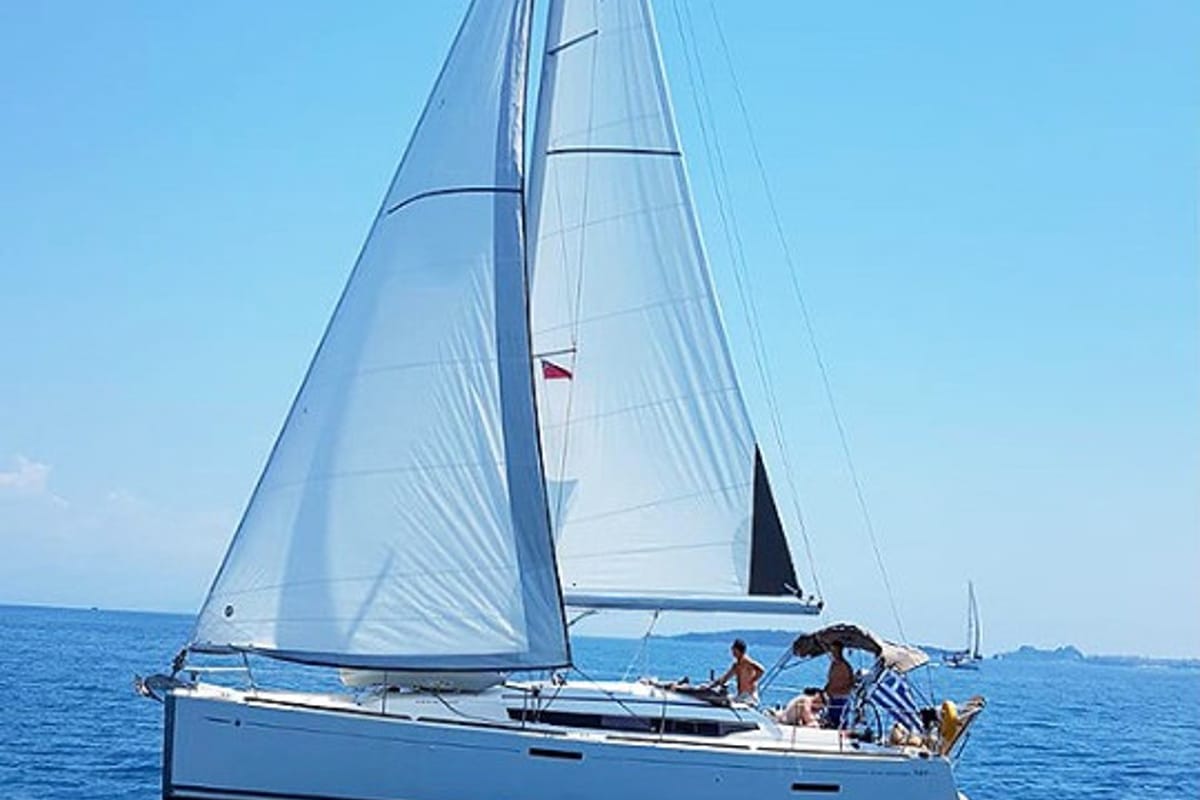 Agios Georgios, a Jeanneau Sun Odyssey 389 sailboat at Kontokali, Greece