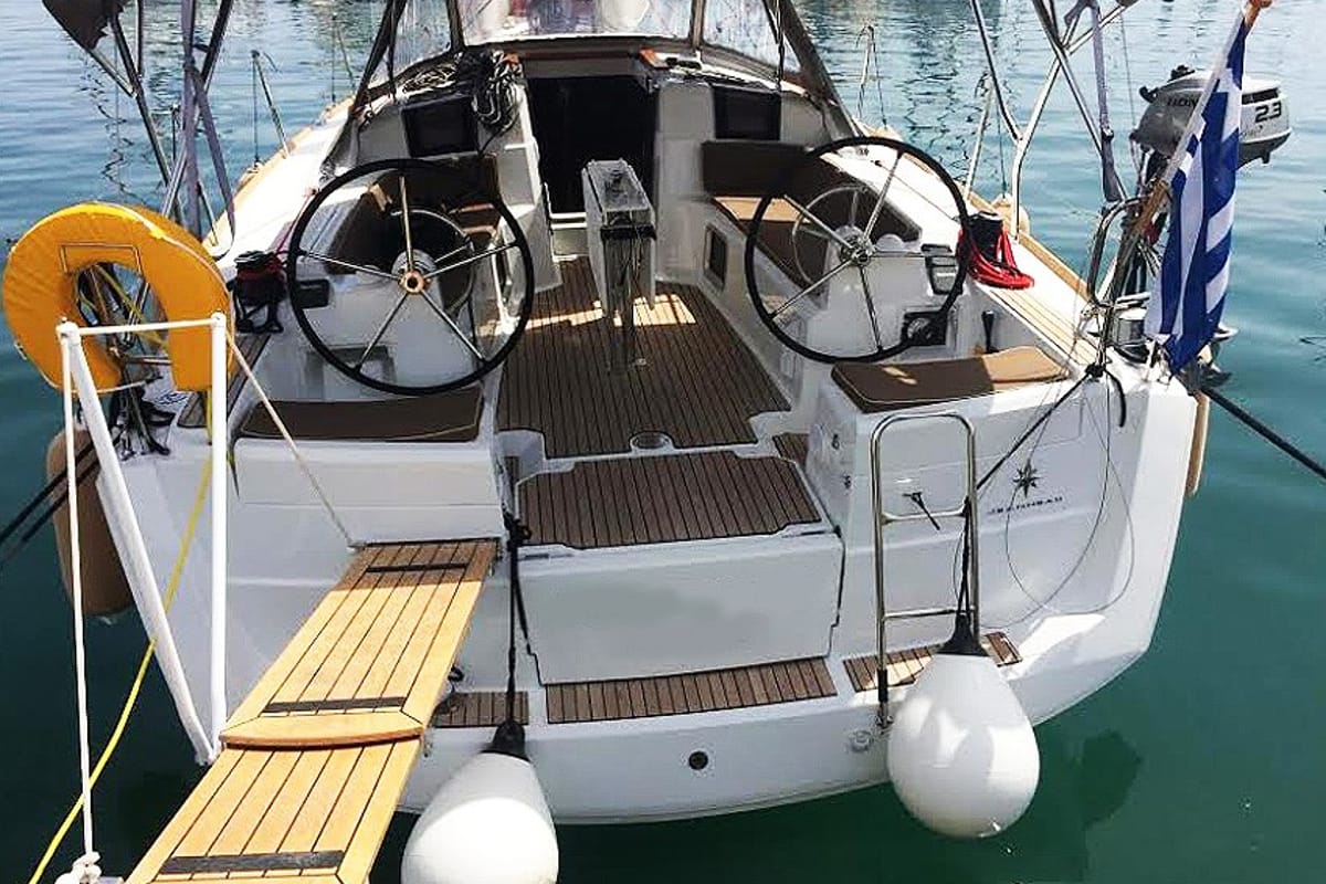 Agios Georgios, a Jeanneau Sun Odyssey 389 sailboat at Kontokali, Greece
