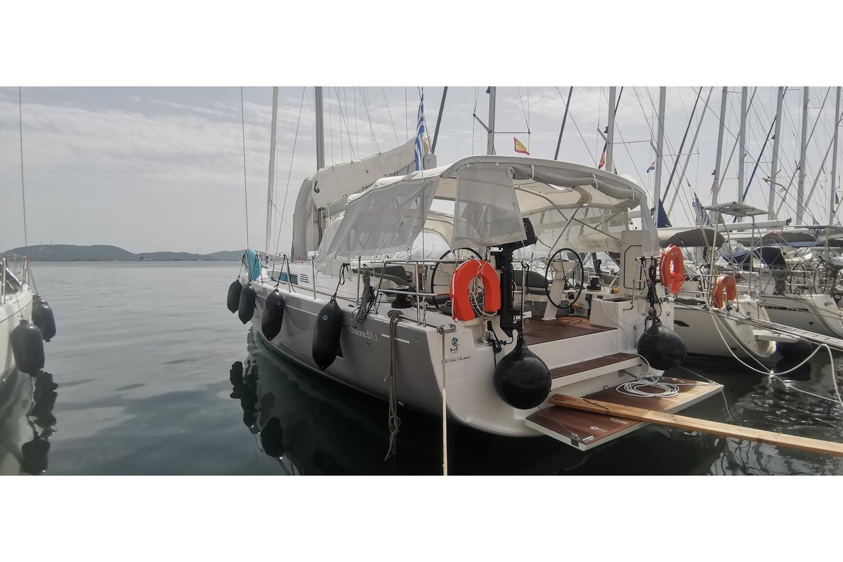 Exterior view of Living In Sea, a Beneteau Oceanis 51.1 sailboat at Gouvia, Greece