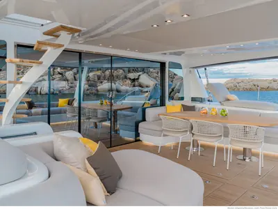 Deck of La Desirade, a Lagoon Seventy 7 catamaran at Bonifacio / Bunifaziu, France