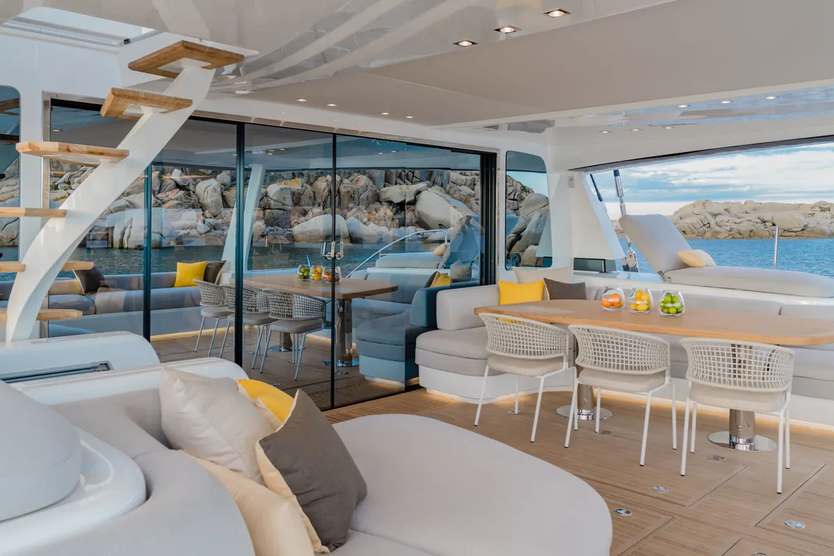 Deck of La Desirade, a Lagoon Seventy 7 catamaran at Bonifacio / Bunifaziu, France