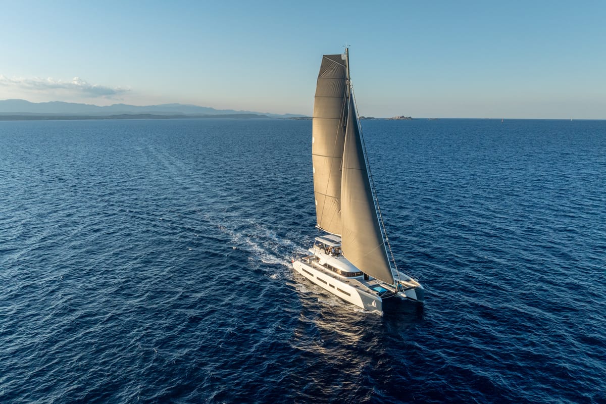 Exterior view of La Desirade, a Lagoon Seventy 7 catamaran at Bonifacio / Bunifaziu, France