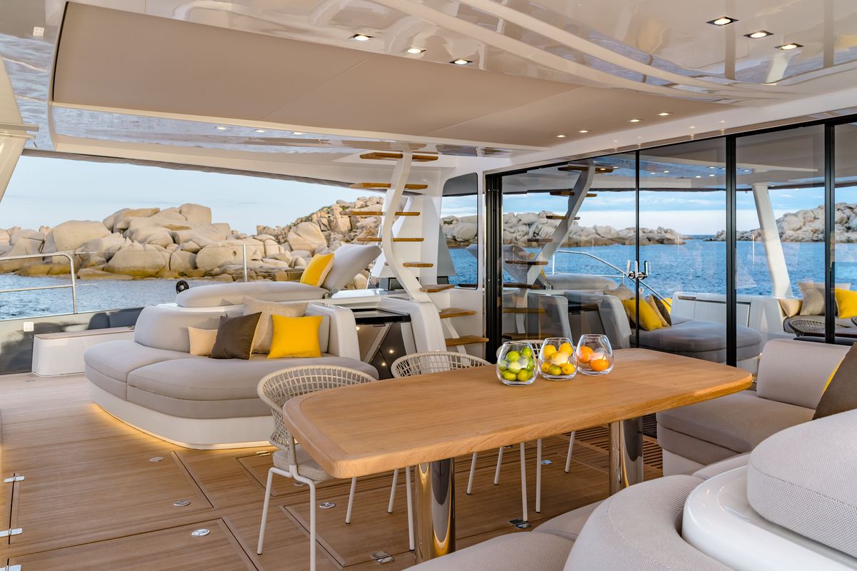 Deck of La Desirade, a Lagoon Seventy 7 catamaran at Bonifacio / Bunifaziu, France