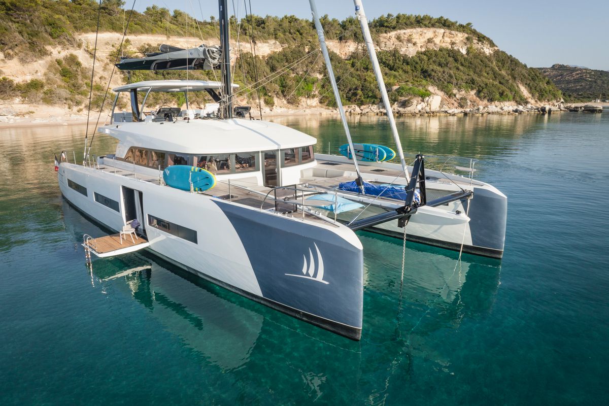 Exterior view of La Desirade, a Lagoon Seventy 7 catamaran at Bonifacio / Bunifaziu, France