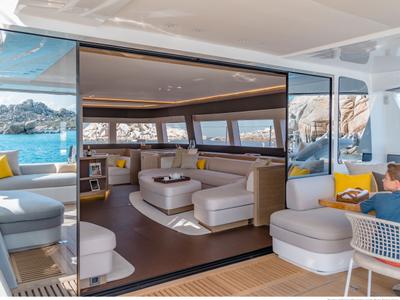Salon of La Desirade, a Lagoon Seventy 7 catamaran at Bonifacio / Bunifaziu, France