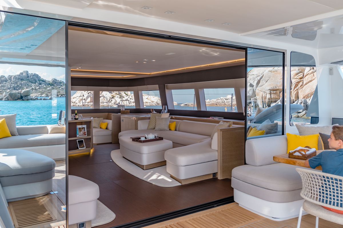 Salon of La Desirade, a Lagoon Seventy 7 catamaran at Bonifacio / Bunifaziu, France
