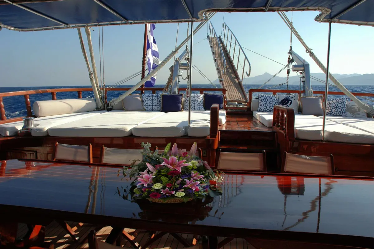 Deck of Matina, a Gulet Motor sailer yacht at Athens, Greece