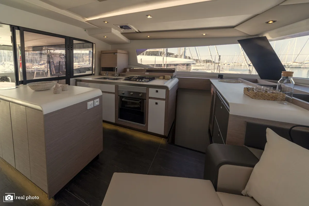 Galley of Papa Charlie, a Fountaine Pajot Aura 51 catamaran at Cannigione, Italy
