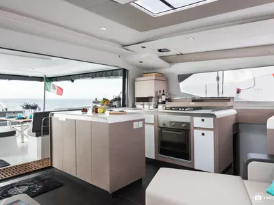 Galley of Papa Charlie, a Fountaine Pajot Aura 51 catamaran at Cannigione, Italy