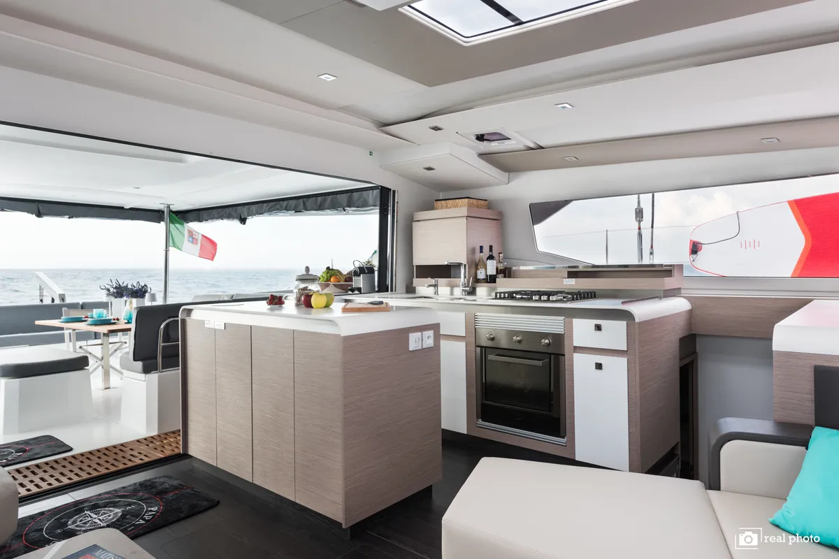 Galley of Papa Charlie, a Fountaine Pajot Aura 51 catamaran at Cannigione, Italy