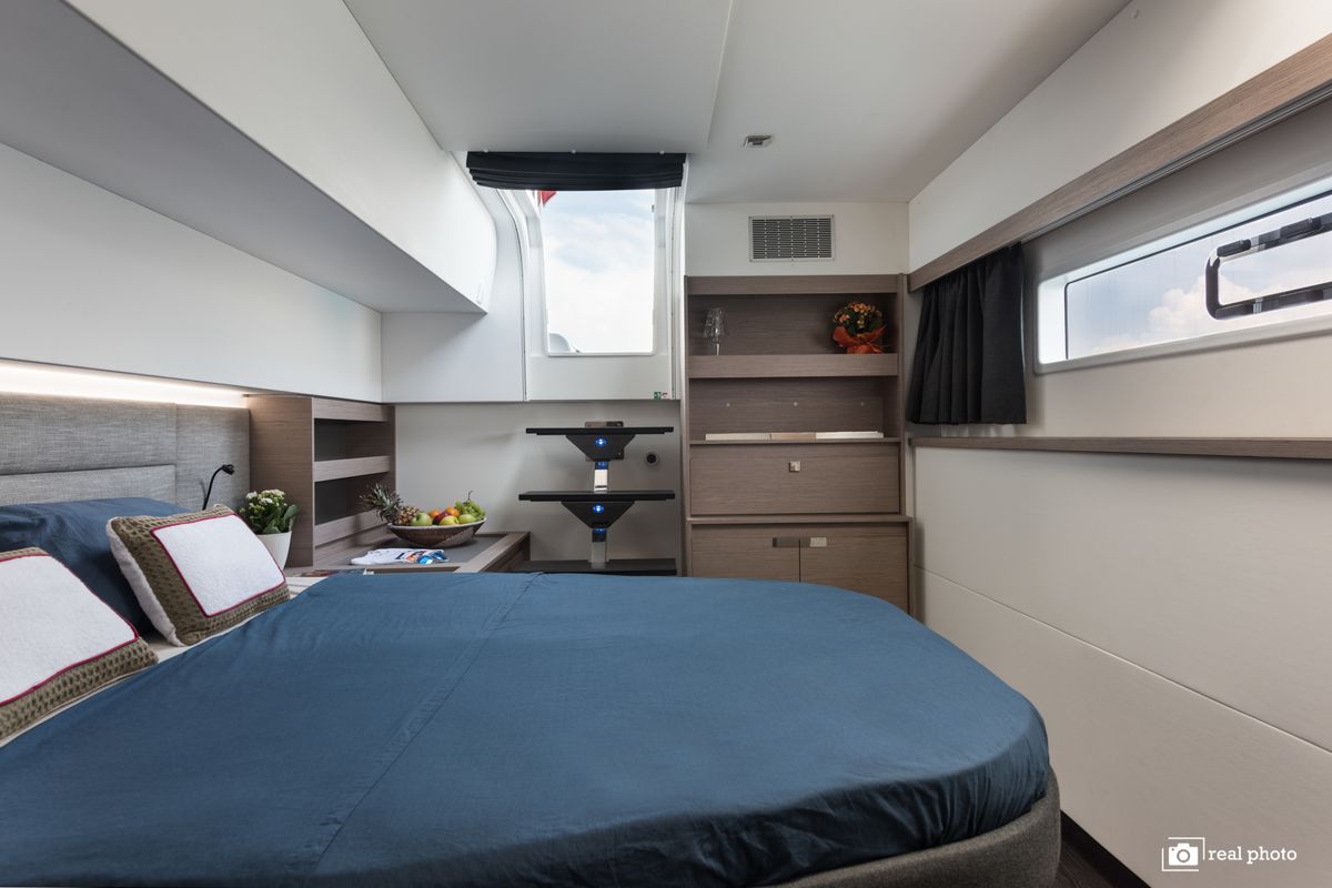 Cabin on Papa Charlie, a Fountaine Pajot Aura 51 catamaran at Cannigione, Italy