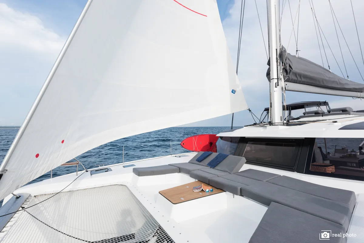 Deck of Papa Charlie, a Fountaine Pajot Aura 51 catamaran at Cannigione, Italy