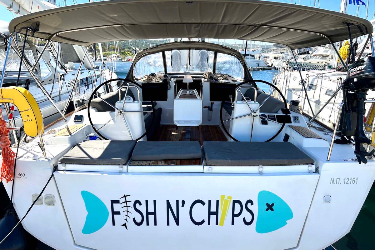 Cockpit of Fish N'Chips, a Dufour 460 GL sailboat at Lavreotiki Municipal Unit, Greece